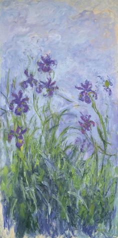 an oil painting of purple flowers against a blue sky