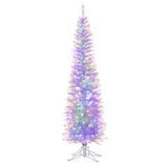 a purple christmas tree with multicolored lights on it's top and base