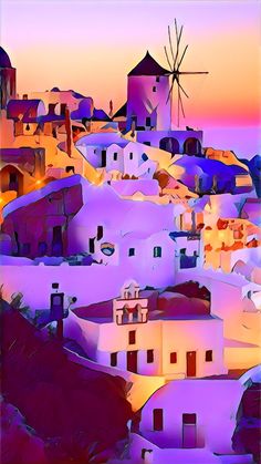 an abstract painting of white houses and windmills at sunset in the mountains with purple hues