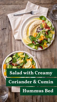 salad with creamy coriander and cumin hummus bed on wooden table top