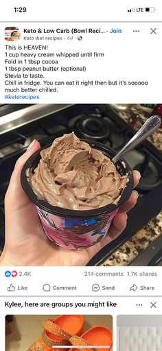 someone is holding up a bowl of chocolate frosted ice cream on their facebook page