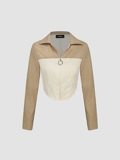 a woman wearing a beige jacket with a white collar Trendy Winter Tops With Corduroy Collar, Trendy Tops With Corduroy Collar For Winter, Fitted Long Sleeve Corduroy Outerwear, Cider Clothing, Textile Waste, School Wear, Clothing Details, Brand Collection, Jacket Brands