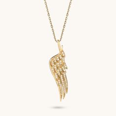 Angel Wing Diamond Necklace in Gold Elegant Angel Wings Necklaces, Elegant Wing-shaped White Gold Necklace, Elegant White Gold Wing-shaped Necklace, Elegant Jewelry Pendant With Angel Wings, Elegant 14k Gold Wing-shaped Jewelry, Elegant Angel Wings Pendant Jewelry, Elegant Gold Wing-shaped Jewelry, Elegant Wing-shaped Yellow Gold Necklace, Elegant Yellow Gold Wing-shaped Necklace