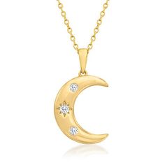 Ross-Simons - .10ct t. w. Diamond Moon Pendant Necklace in 14kt Yellow Gold. 16". RS Pure. Modern designs that complete your outfit and complement your personality. A stellar addition to any chic layered look, this celestial 14kt yellow gold necklace features a moon with .10 ct. t. w. round brilliant-cut diamonds in white rhodium. Suspends from a cable chain with a 2" extender. Springring clasp, diamond moon pendant necklace. Diamond birthstones are the perfect gift for April birthdays. Pendant Necklace Diamond, April Birthday, Diamond Birthstone, Yellow Gold Necklace, Moon Pendant Necklace, Necklace Diamond, Moon Pendant, Layered Look, Round Brilliant Cut Diamond