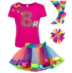 Make your girl's 8th birthday unforgettable with Bubblegum Divas®! Our magical unicorn outfit features a handcrafted shirt, tutu skirt, and unicorn accessories. The tutu skirt has an elastic waistband and extra tulle layers, adding a touch of whimsy to the outfit. Complete with our signature rainbow ribbon shoulder bow and glitter, this is the perfect personalized outfit for a magical unicorn-themed 8th birthday party. Shop now and make her day extra special!Purchase Everything or only the items Birthday Wonderland, Girls 9th Birthday, Candy Wonderland, Glitter Stick, Candy Queen, Candyland Birthday Party, Lollipop Birthday, Birthday Hair Bow, Girls 3rd Birthday