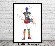 a woman basketball player with the ball in her hand and watercolor paint splattered on