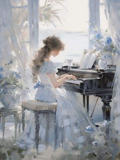 a painting of a girl playing the piano in front of a window with blue flowers