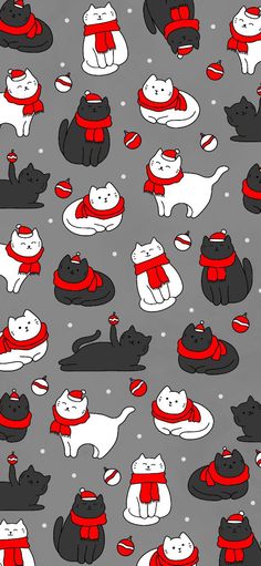 an image of cats wearing scarves and scarfs on a gray background with snowflakes