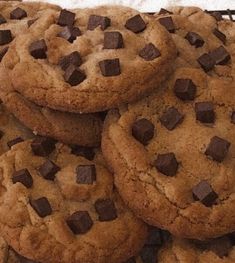 chocolate chip cookies stacked on top of each other