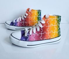 Here you go - hand painted Rainbow Puzzle shoes! These custom Rainbow Puzzle Sneakers will be perfect for all of you who want to stand out from the crowd with colors and pure joy! Great gift not only for jigsaw puzzle lovers (like me!). Did you know that the puzzle pattern represents the complexity of the autism spectrum? Shoes are hand painted - Acrylic paint on canvas shoes. I use a special textile paint designed to be flexible on fabric. The paint is water proof and fade proof. Size? Every size is possible. I use US size chart! Prices depends on what model of shoes you will choose. ---------FAQ--------- 1. WHEN I'LL GET MY ORDER? Processing (painting) time = 1-3 weeks + Shipping time. I use FedEx - shipping usually takes few days to the US/Canada = 14-30 working days - usually a week in Puzzle Pattern, Textile Paint, Painted Rainbow, Acrylic Paint On Canvas, Custom Hand Painted, Pure Joy, Water Proof