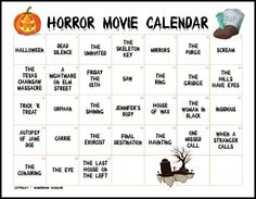 a halloween movie calendar with words and pictures