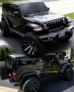 the jeep is black with chrome wheels and rims