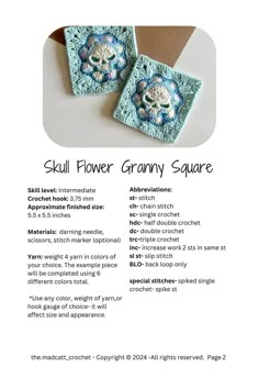 two square shaped crocheted coasters with the words skull flower granny square on them