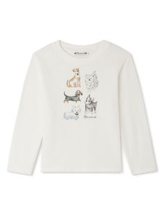 cream/multicolour organic cotton puppy print on front crew neck long sleeves straight hem Cotton Long Sleeve T-shirt With Dog Print, Long Sleeve Cotton T-shirt With Dog Print, Playful Long Sleeve Cream Tops, Fall Long Sleeve Tops With Dog Print, White Crew Neck Sweatshirt With Dog Print, White Crew Neck Top With Dog Print, White Cotton Top With Dog Print, Casual Long Sleeve Dog Print Tops, Long Sleeve Cotton Sweatshirt With Dog Print