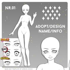 an anime character's face and body with the caption, adopt / design name / info