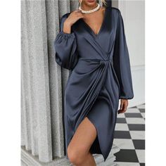 -Item Id 24392007 -Details: Wrap -Neckline: V Neck -Sleeve Type: Bishop Sleeve -Style: Elegant -Type: Fitted -Waist Line: High Waist -Hem Shaped: Wrap -Color: Navy Blue -Pattern Type: Plain -Sleeve Length: Long Sleeve -Fit Type: Regular Fit -Length: Midi -Material: Satin -Composition: 100% Polyester -Care Instructions: Machine Wash Or Professional Dry Clean -Sheer: No -Fabric: Non-Stretch **Open To Offers!!!** **Bundle To Save More** **30% Off Bundles Of 2 Or More Items!!** ***Orders Go Out Within 5-10 Business Days!! Thank You For Your Patience!! Multiple Sizes And Colors Available In Most Styles Don't See Your Size Or Color Listed, Just Ask. Chic Blue V-neck Dress For Fall, Blue Surplice Neckline Midi Dress For Party, Blue Midi Dress With Surplice Neckline For Parties, Chic Blue Long Sleeve V-neck Dress, Elegant Blue V-neck Dress For Date Night, Blue Surplice Neckline Midi Dress For Evening, Blue Midi Dress With Surplice Neckline For Evening, Elegant Blue Long Sleeve V-neck Dress, Elegant Blue V-neck Long Sleeve Dress