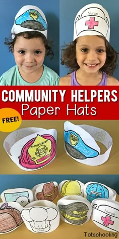 two children wearing paper hats with the words community helpers on them and an image of cupcakes