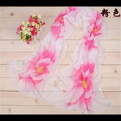 Flowery Scarf White And Pink Sheer Shawl, Silk Chiffon Scarves, Sheer Scarf, Floral Print Chiffon, Striped Scarves, Printed Bodycon Dress, Chiffon Scarf, Print Chiffon, Scarf Hairstyles