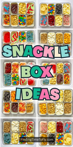 the snack box ideas are organized and ready to be filled with candy, cereals, nuts