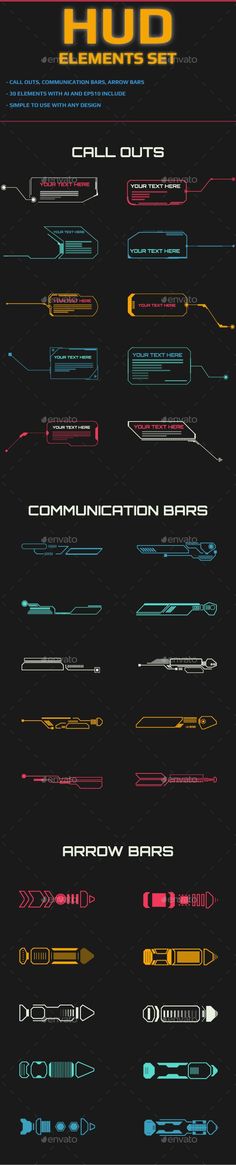 HUD Futuristic Call Outs Communication Bars Arrow Banner, Technology Template, Digital Display, Adobe Illustrator, Communication, Web Design, Illustrator