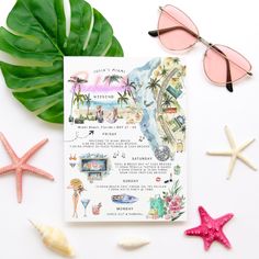 a card with an illustrated map of florida surrounded by starfish, sunglasses and palm trees