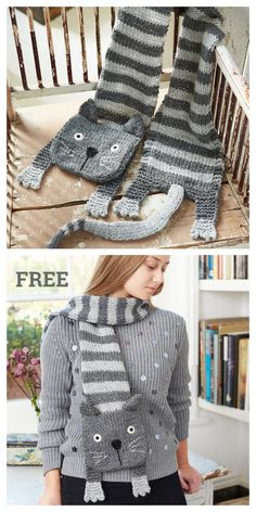 an image of two knitted sweaters with cats on them, one in grey and the other in white