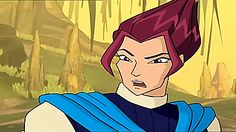 an animated character with red hair and blue dress