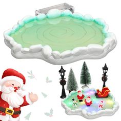 a christmas scene with santa claus and other holiday decorations, including a lighted platter