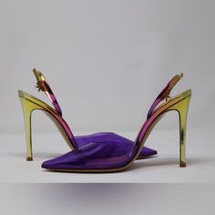 Dimensions: Heel: 11.5cm 100% Thermoplastic Polyurethane (Tpu), 100% Leather Made In Italy Trendy Purple Heels For Party, Summer Purple Patent Leather Heels, Multicolor Slingback Heels For Evening, Multicolor Slingback Heels For Party, Multicolor Slingback Heels For Formal Occasions, Purple Slingback Heels For Summer, Summer Purple Slingback Heels, Trendy Purple Heels For Formal Occasions, Modern Purple Heels For Evening