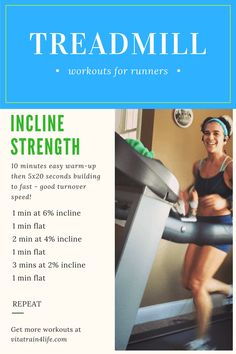 a woman running on a treadmill with the words incline strength in front of her