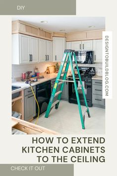 the kitchen cabinets are being painted white and have green ladders to help them stand up