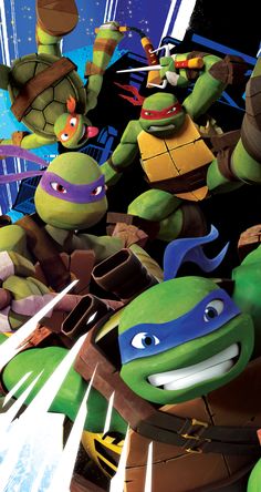 the teenage mutant turtles are riding on top of each other in an animated video game