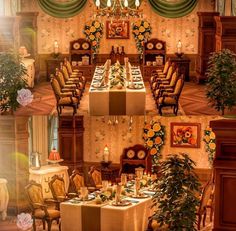 an image of a dining room set up for a formal dinner with flowers on the table