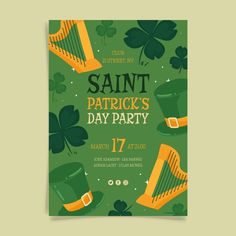 a st patrick's day party flyer with shamrocks, harps and hats