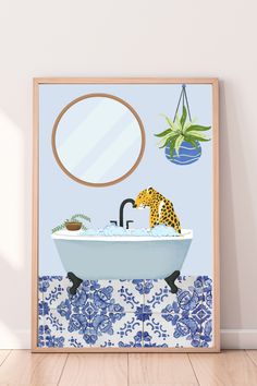 a blue and white bathtub with a leopard print on the wall next to it