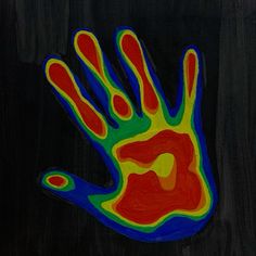 a drawing of a hand with multicolored lines on it's left palm