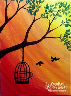 an acrylic painting of a tree and birdcage with birds flying around