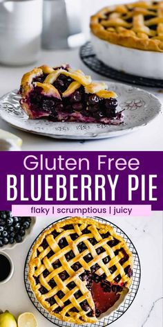 blueberry pie on a plate with the text gluten free blueberry pie flaky i scrumptious i juicy