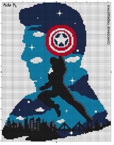 a cross stitch pattern with the silhouette of captain america holding a soccer ball over his head