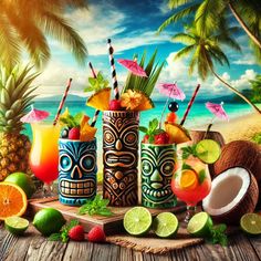 tiki cocktails on the beach with tropical fruits and coconuts