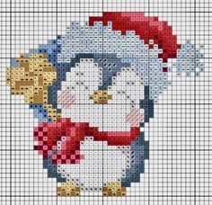 a cross stitch penguin with a red hat and scarf