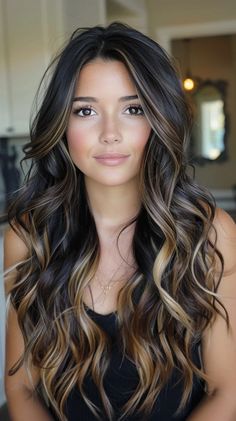 25 Heavy Highlights On Dark Hair Hairstyles That Will Make You Feel Like a Bombshell Medium Brown Hair With Honey Blonde Highlights, Black Hair With Beige Highlights, Blonde Face Frame On Dark Hair, Highlights For Long Dark Brown Hair, Asians With Highlights Black Hair, Highlighted Ends Of Hair, Highlights Hair Brunette, Long Dark Hair Ideas, Brunette Lowlights Dark