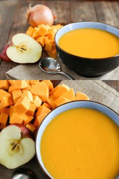 two bowls of soup with apples and carrots on the side