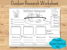 an outdoor research worksheet for kids with water lilies and plants on it