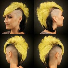 image Two Tone Mullet, Yellow Mohawk, Nerdy Food, Short Cuts For Women, Fox Hair Dye, Weird Haircuts, Interesting Hair, Very Short Pixie Cuts, Extreme Hairstyles