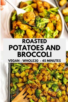 roasted potatoes and broccoli in a white bowl with a wooden spoon next to it