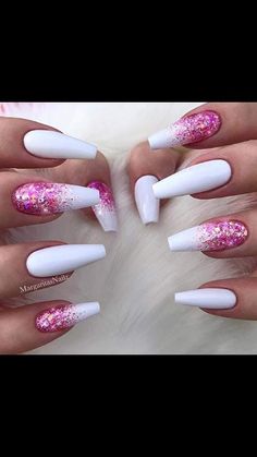 White Acrylic Nails, Super Nails, Summer Acrylic Nails, Nail Designs Glitter, Acrylic Nail Art, Pink Nail, Coffin Nails Designs, Glitter Nail Art, Fire Nails