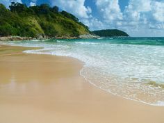 a sandy beach with waves coming in to shore and trees on the hill behind it