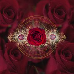 a red rose is surrounded by gold and diamonds in this artistic photo with an ornate border