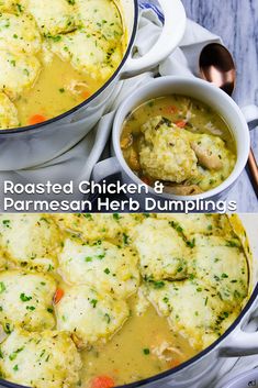 two pictures of chicken and parmesan herb dumplings